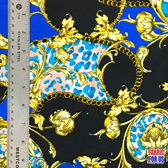 Paisley Floral Renaissance Stretch Poly-Spandex Fabric in Blue and Red 58"/60" W - Picture 3 of 7